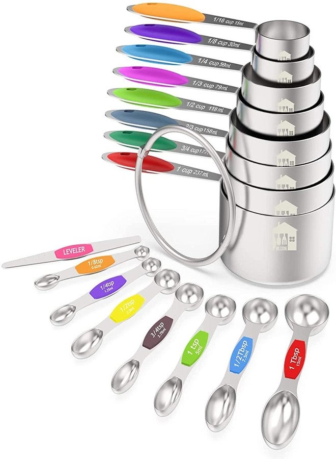 Wildone Measuring Cups and Magnetic Measuring Spoons Set, Wildone Stainless Steel 16 Piece Set, 8 Measuring Cups & 7 Double Sided Stackable Magnetic Measuring Spoons & 1 Leveler - Image 1